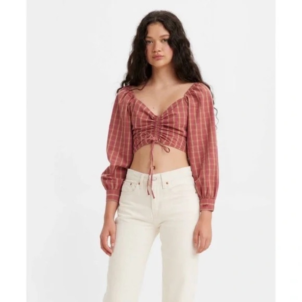 Levi’s Red Plaid Cropped Devin Top Billowy Sleeve S